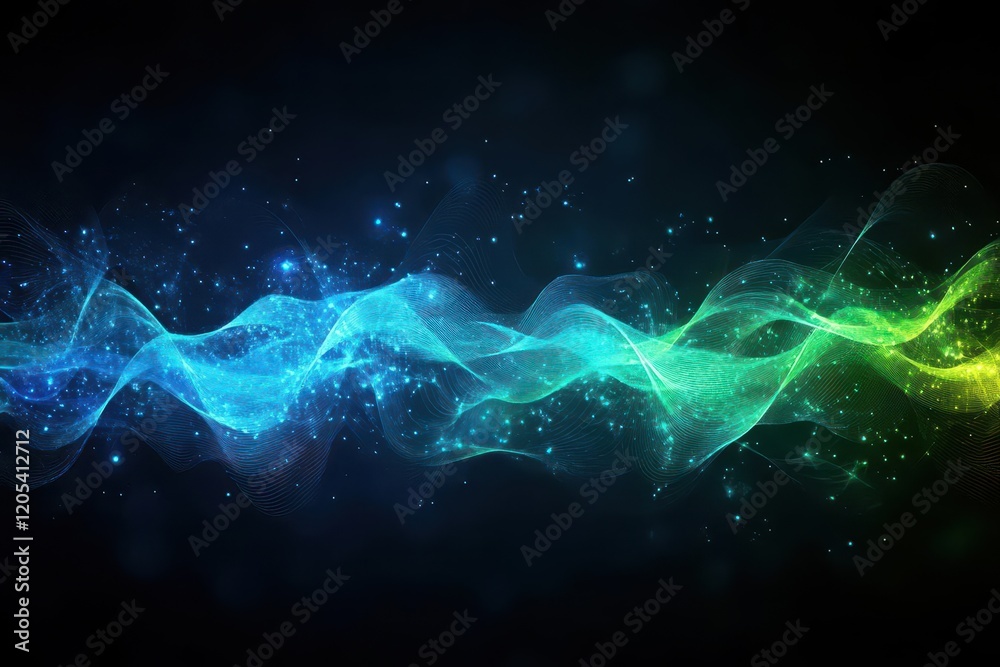Poster abstract digital waves of blue and green light, flowing and dynamic