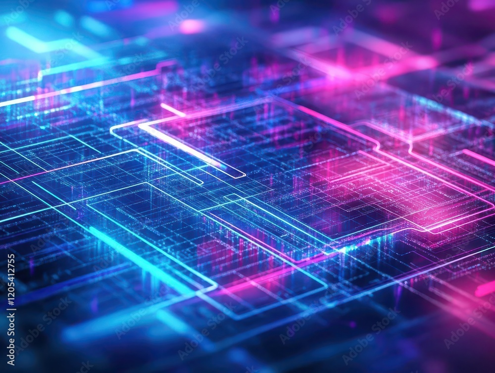 Leinwandbilder Futuristic Computer Circuitry with Vibrant Neon Lines Illuminating Complex Patterns Creating a High-Tech and Dynamic Digital Atmosphere