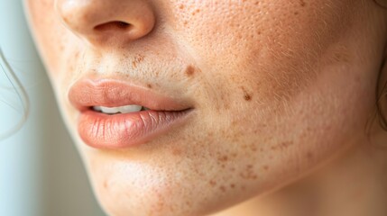 Fototapeta premium Close-up of a person's face with visible skin texture, showcasing natural imperfections and healthy glow, representing authenticity and self-confidence in beauty.