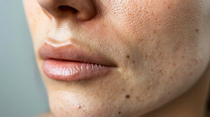 Fototapeta premium Close-up of a person's face with visible skin texture, showcasing natural imperfections and healthy glow, representing authenticity and self-confidence in beauty.