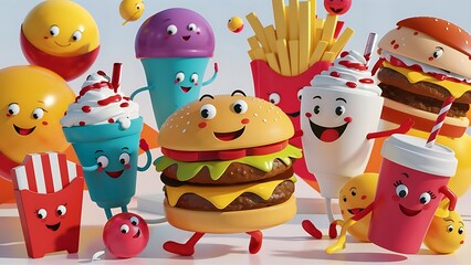 Fototapeta premium Set of colorful cartoon fast food icons. Isolated vector.