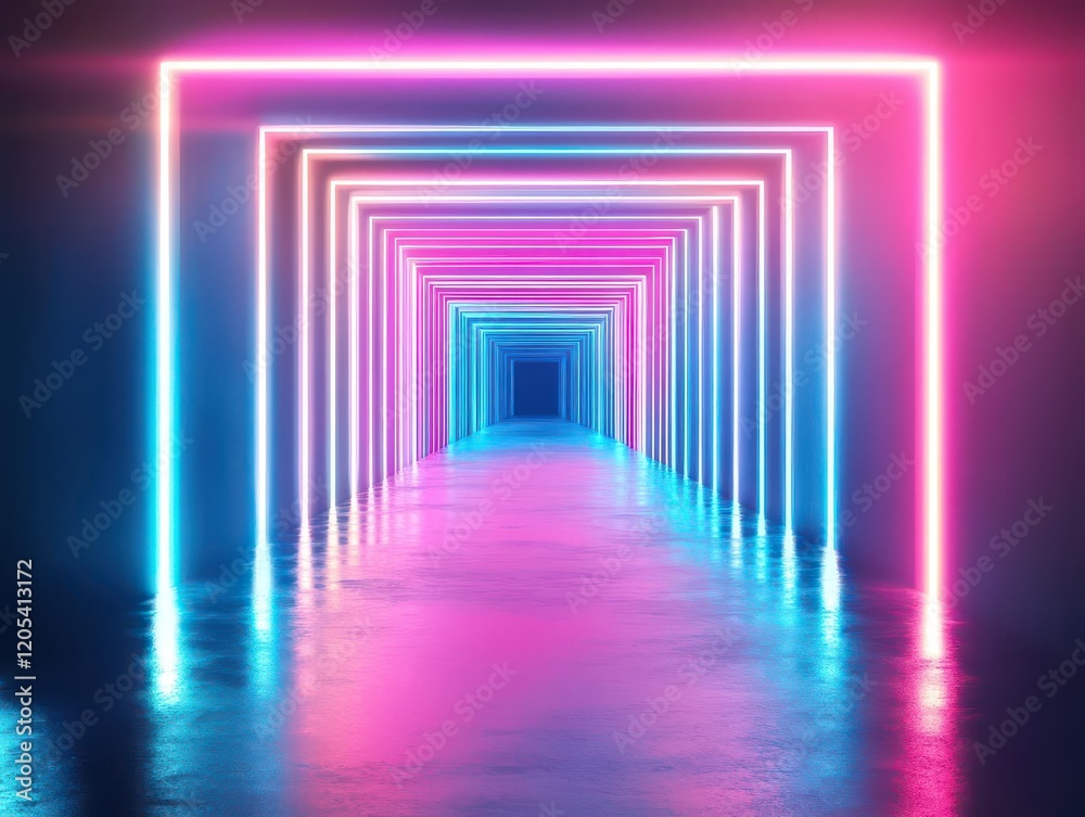 Poster vibrant long corridor illuminated by neon lights creating a futuristic atmosphere with a sense of my