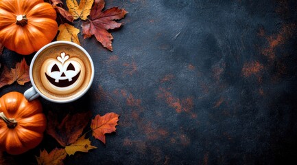 A cup of coffee with latte art in the shape of a Halloween smiley face on a dark background