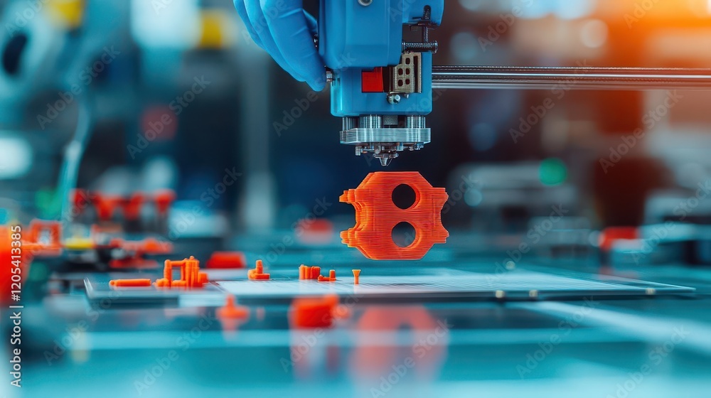 Poster advanced 3d printing technology creating a hightech gadget, industrial setting, closeup