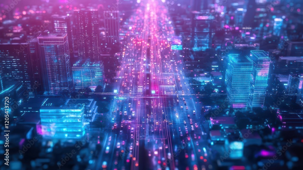 Aufkleber vibrant urban nightscape featuring illuminated neon signs and towering skyscrapers creating a lively