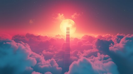 Abstract illustration of a 3D staircase leading up to the clouds, symbolizing progress and recovery. Dark night with moon and bright stars above.