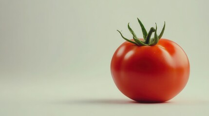A fresh tomato rests on a wooden table, showcasing its vibrant red color and smooth skin, emphasizing its natural beauty and appeal.