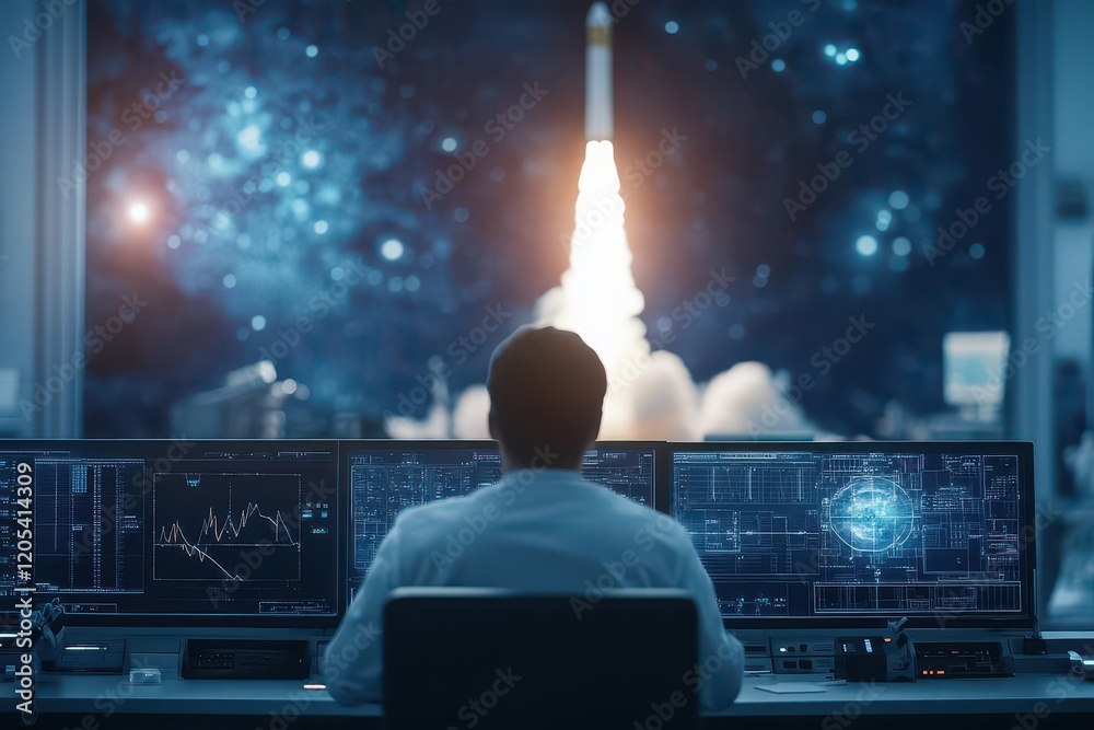 Aufkleber focused professional man working at a modern desk surrounded by two high-resolution monitors in a br