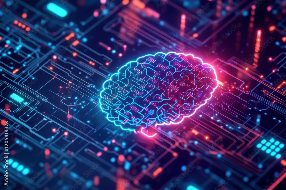 Aufkleber futuristic brain on circuit board illuminated by neon lights symbolizing technology innovation and i