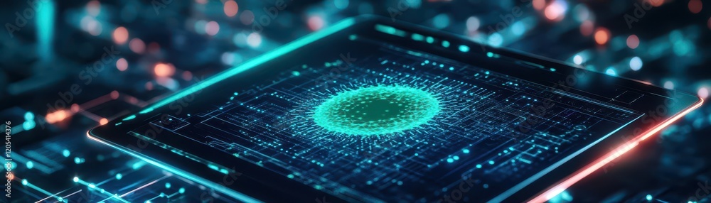 Poster tablet displaying vibrant green virus illustration highlighting digital health concerns and medical 