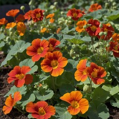 Fototapeta premium Red and orange nasturtiums in a colorful flowerbed.
