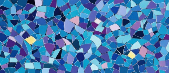 Abstract mosaic pattern with geometric lines and fragmented shapes in shades of blue purple and yellow