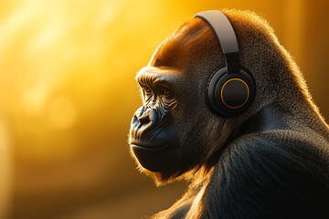 Gorilla wearing headphones, listening to music, with a golden background and deep expression