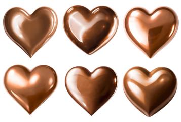 Set of realistic heart shaped chocolate candy isolated on transparent background cutout.