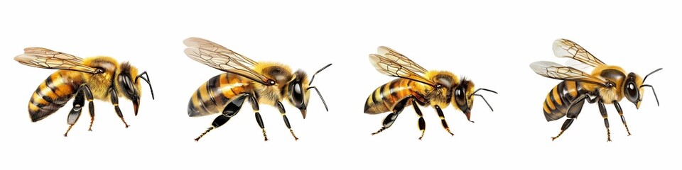 Four bees in various flying poses showcasing their wings and body details.