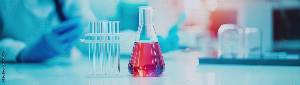 Poster intriguing laboratory scene featuring red beak bird perched amidst colorful test tubes and scientifi