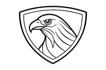 A black and white line drawing of a hawk head in a shield vector art illustration.eps