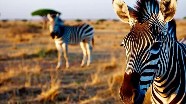 Baby zebra foal closeup portrait in savannah. African zebra standing on grass in Savannah. Wild animals of South Africa concept. Safari tourism. Wildlife of Tanzania. Serengeti national park