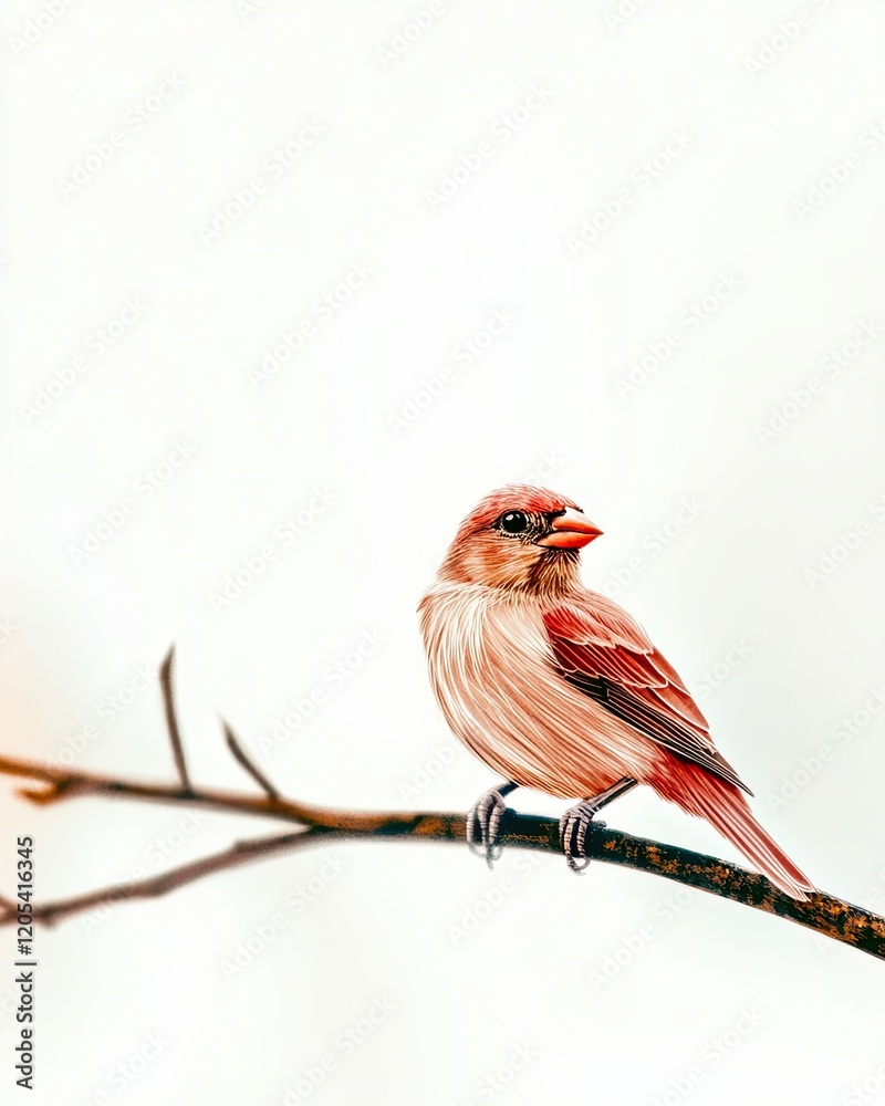 Poster minimalist portrayal of a solitary bird resting on a bare branch against a serene white backdrop