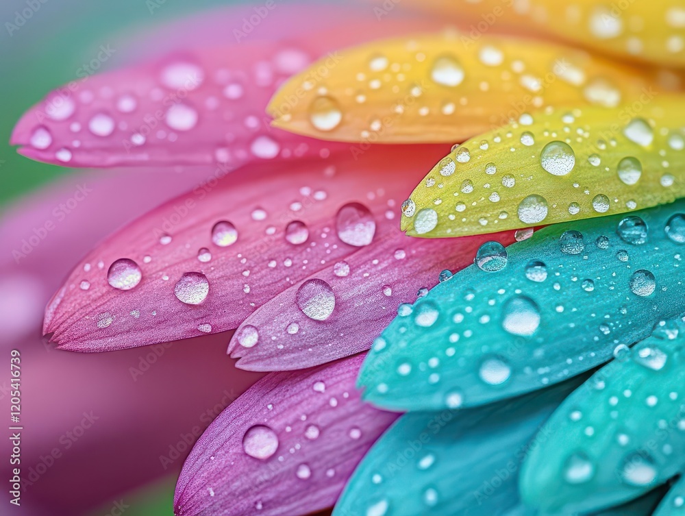 Poster vibrant array of colorful flowers glistening with fresh water droplets under soft morning light crea