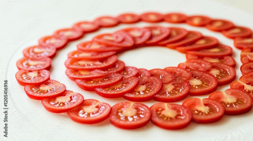 Poster Neatly Arranged Tomato Slices Create a Vibrant Circle on a Simple White Plate