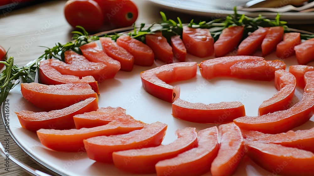 Poster vibrant tomato slices artfully arranged on a plain plate creating a visually stunning circle
