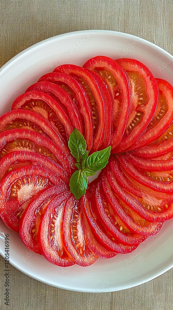 Poster Beautifully Arranged Tomato Slices Create an Artistic Display on a Simple White Plate