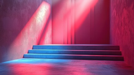 Neon-lit concrete stairs in a minimalist room.