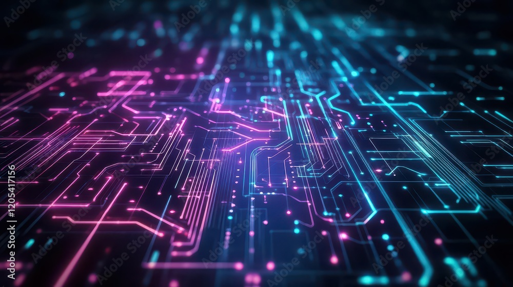 Poster vibrant circuit board with intricate blue and pink patterns showcasing modern technology and innovat
