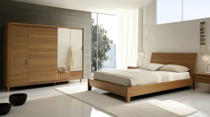 Minimalist bedroom with wooden furniture, highlighting sleek, functional wooden pieces in a clean, modern environment