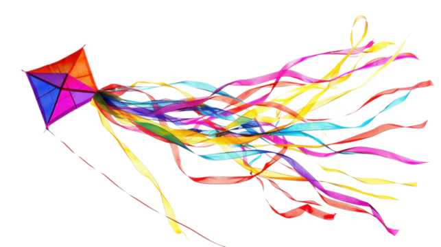 
Colorful kite flying with waving ribbons on transparent background 