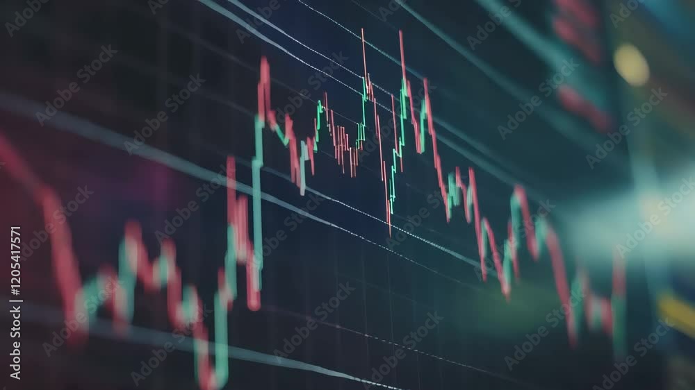 Poster Red and green candlestick chart showing cryptocurrency investment volatility going up and down on a black monitor with a blurred background