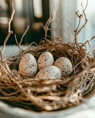 Fototapeta premium Nest of Speckled Eggs Resting on a Neutral Table Reveals Natures Delicate Artistry