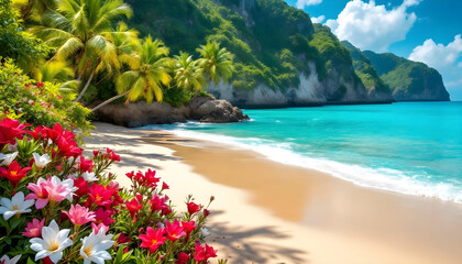 A vibrant tropical beach with crystal-clear turquoise waters, surrounded by towering green cliffs and palm trees, with wildflowers blooming along the sandy shore.