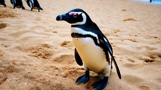 One little African penguin closeup portrait on sandy beach. Spheniscus demersus or jackass penguin. Colony on Boulders Beach Nature Reserve in Simon's Town in South Africa. Wildlife nature birds
