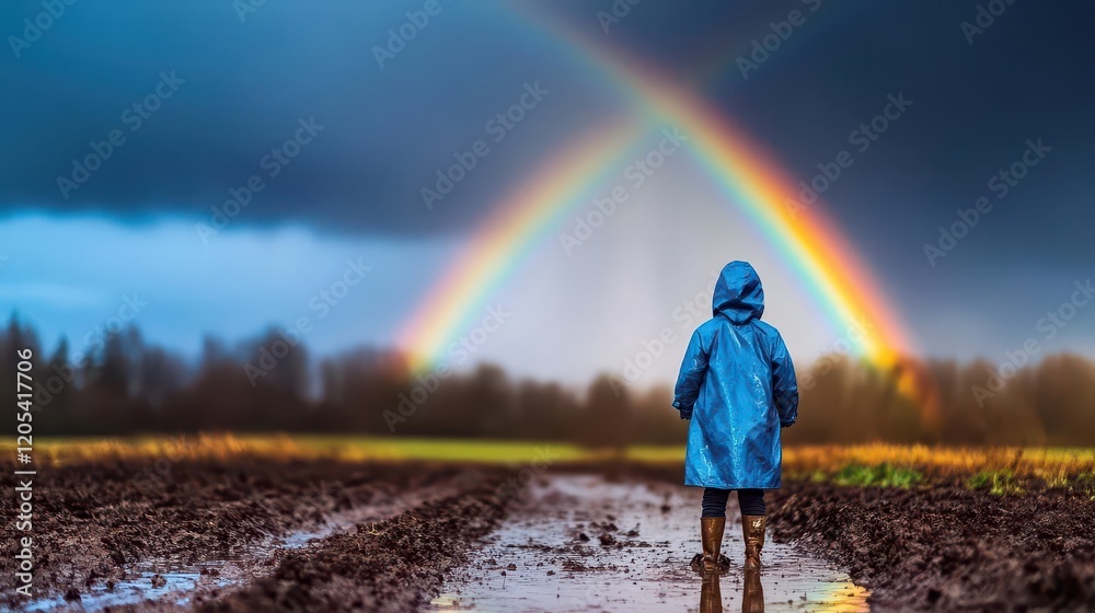 Aufkleber a person in a blue raincoat stands in a muddy field under a vibrant rainbow illuminating the cloudy 