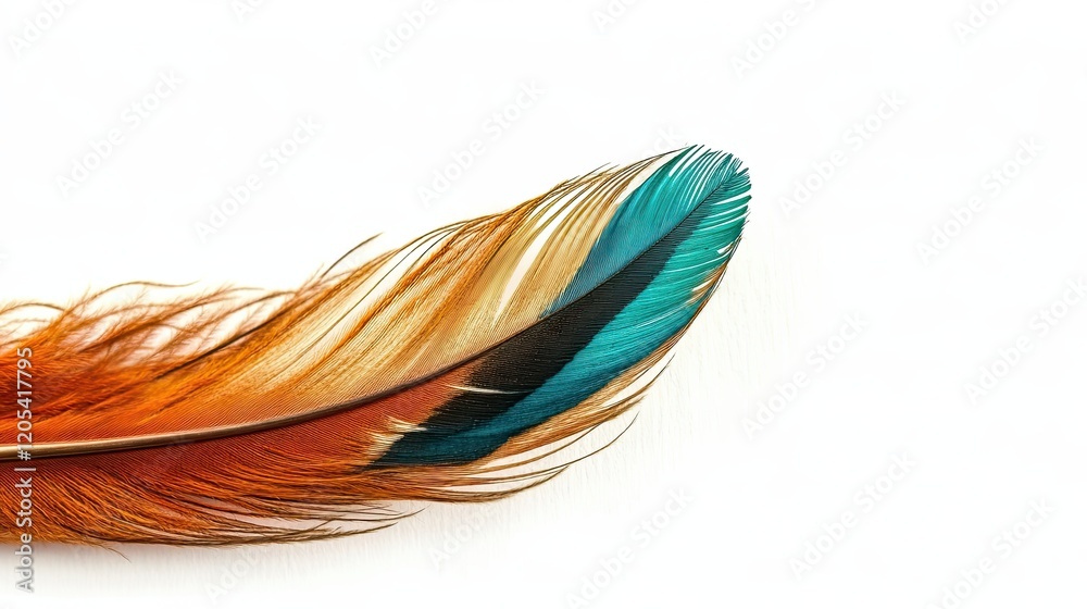 Poster colorful bird feather with intricate details resting on a smooth white surface