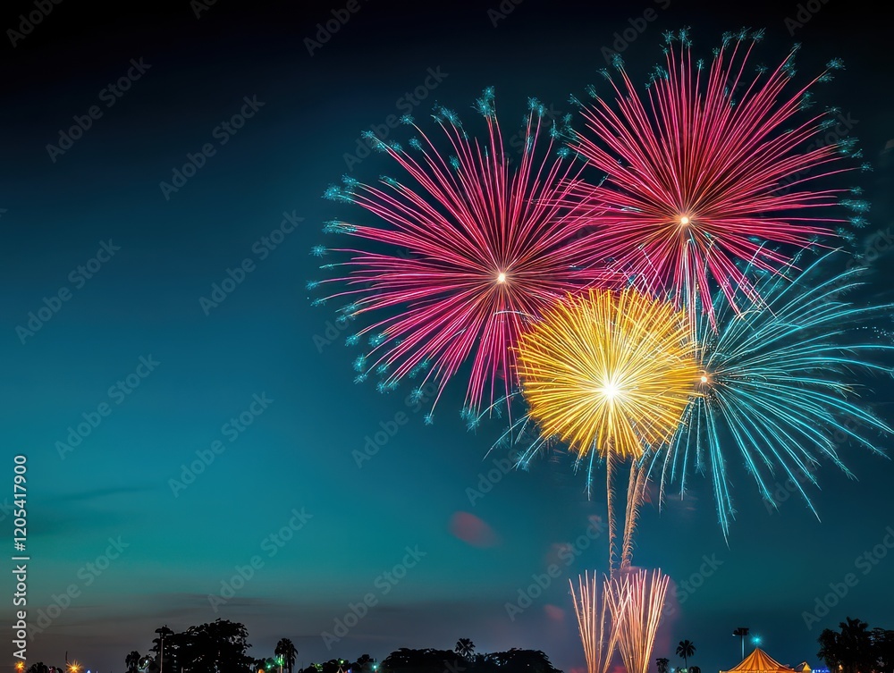 Poster spectacular fireworks display illuminating the night sky with vibrant colors and patterns creating a