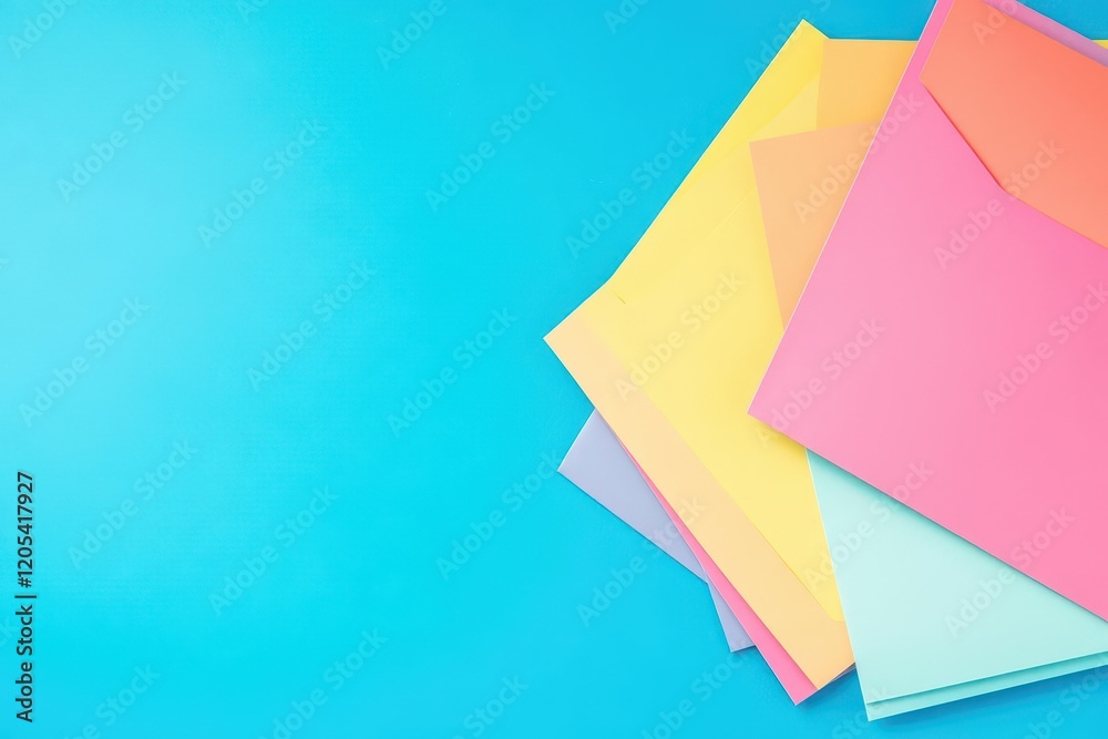 Poster Vibrant Colorful Paper Sheets Spread Across a Bright Blue Background Creating an Artistic and Playful Composition Perfect for Creative Projects or Designs