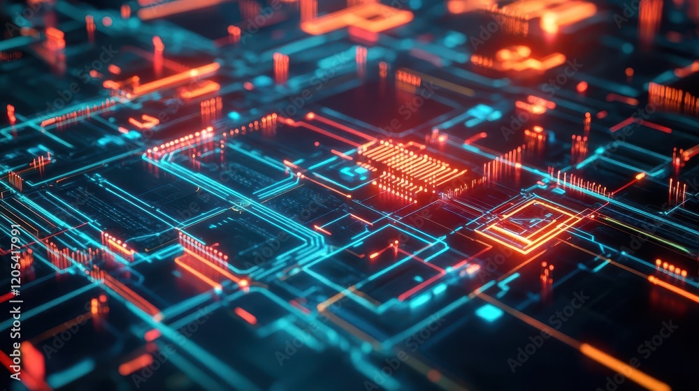 Leinwandbilder Vibrant Computer Circuit Board Illuminated by Striking Red and Blue Lights Showcasing Advanced Technology and Modern Digital Aesthetics in Action