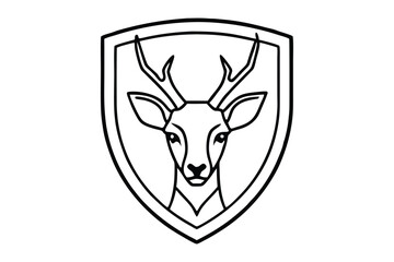 A black and white line drawing of a deer head in a shield vector art illustration.eps