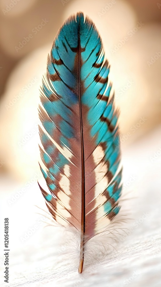 Poster vibrant bird feather resting on a smooth surface showcasing natures intricate artistry