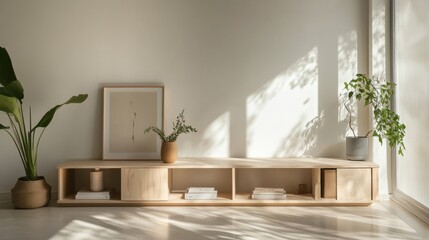 Minimalist bench with storage, featuring a combination of open cubbies and hidden compartments, styled in a bright, modern room