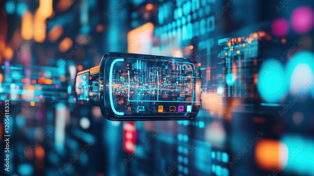 Poster Futuristic Smartphone Displaying Innovative Interface with Dynamic Graphics and User Interaction in a High-Tech Modern Environment