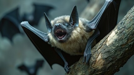 Obraz premium Fanged bat perched on branch, open mouth.