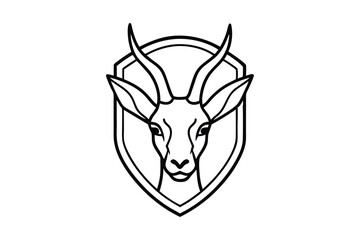 A black and white line drawing of a gazelle head in a shield vector art illustration.eps