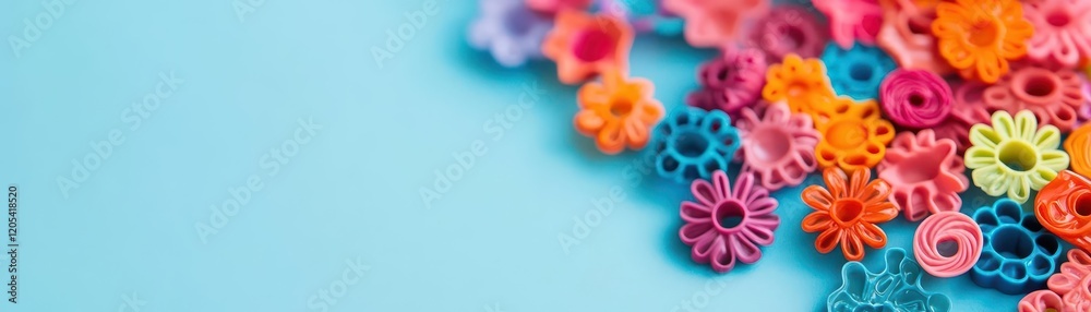 Poster vibrant colorful paper flowers arranged artistically on a bright blue background creating a cheerful