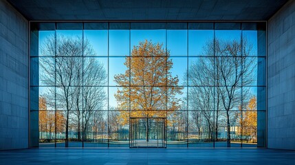 Naklejka premium Autumn Trees Reflected in Modern Glass Building Facade A Peaceful Urban Landscape