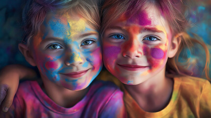 Obraz premium Portrait of two children with colors painted on face hugging each other while smiling to camera