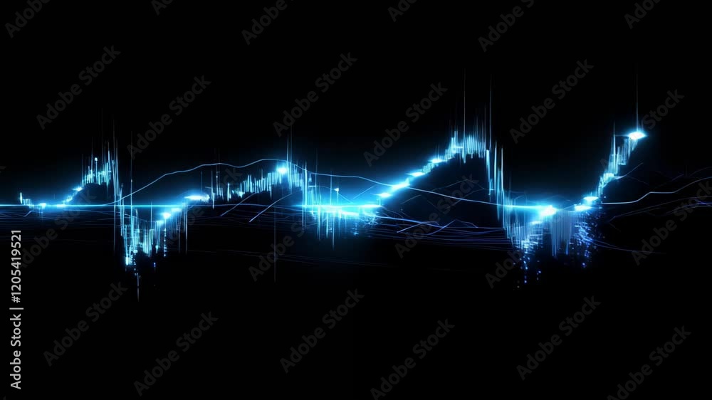 Poster glowing blue candlestick chart fluctuating against a black background captures the essence of invest